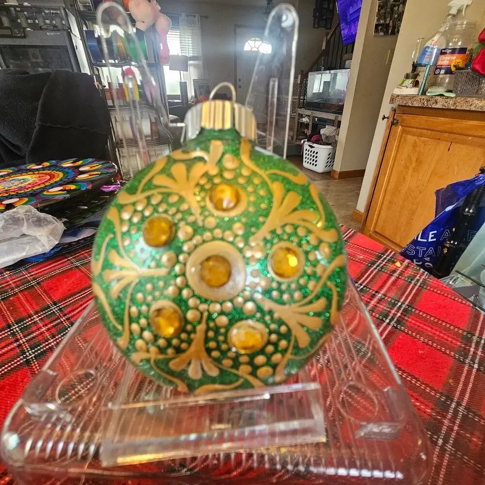 Green and Gold 3 Inch Shatterproof Hand Painted Mandala Ornament